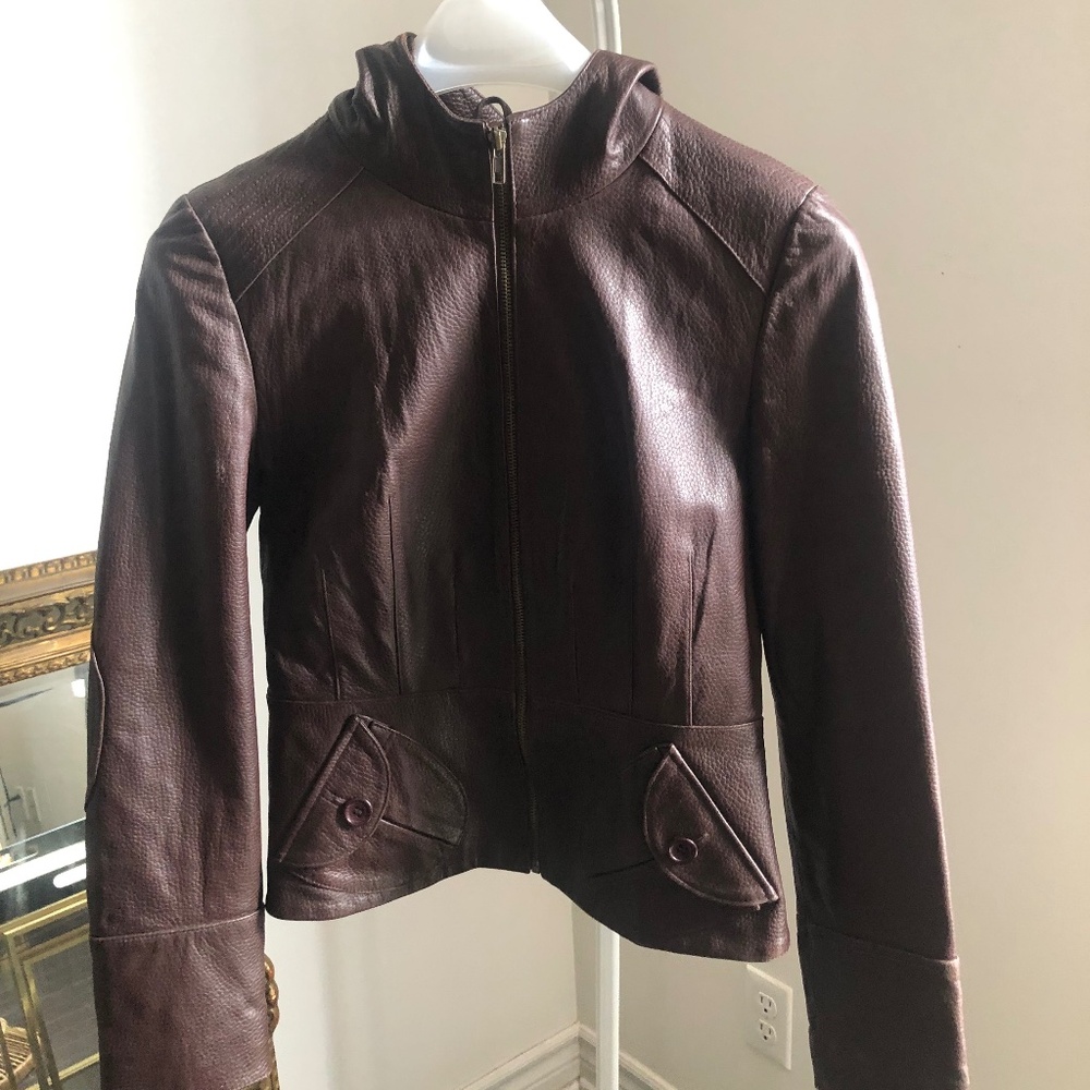 New chocolate brown grained leather jacket with hood-size medium